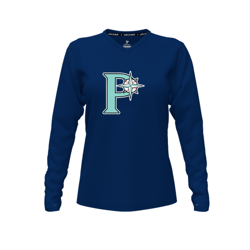 [CUS-DFW-TEES-PER-VNK-LSL-NVY-FYXS-LOGO1] Decker Performance T-Shirt (Female Youth XS, Navy, V Neck, Logo 1, Long Sleeve)