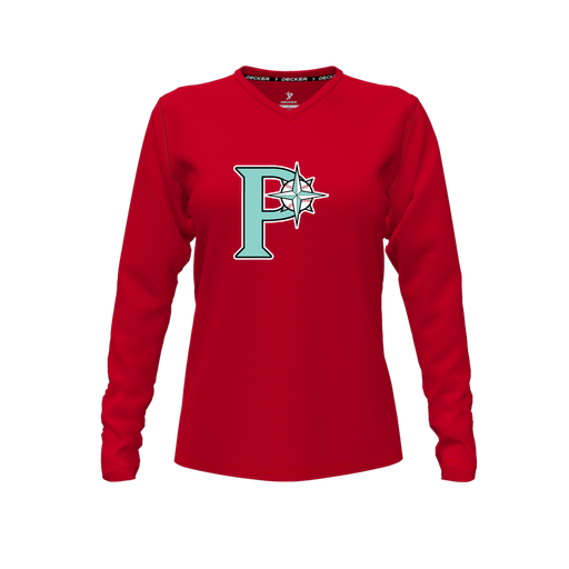 [CUS-DFW-TEES-PER-VNK-LSL-RED-FYXS-LOGO1] Performance T-Shirt (Female Youth XS, Red, V Neck, Logo 1, Long Sleeve)